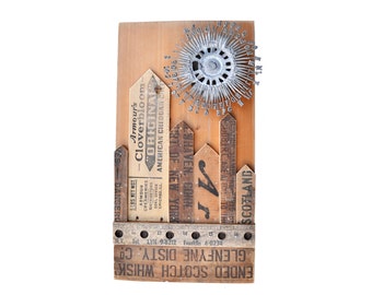 My TYPE of Town, wood wall art, mixed media assemblage, wood collage, architectural salvage, ORIGINAL ART by Elizabeth Rosen