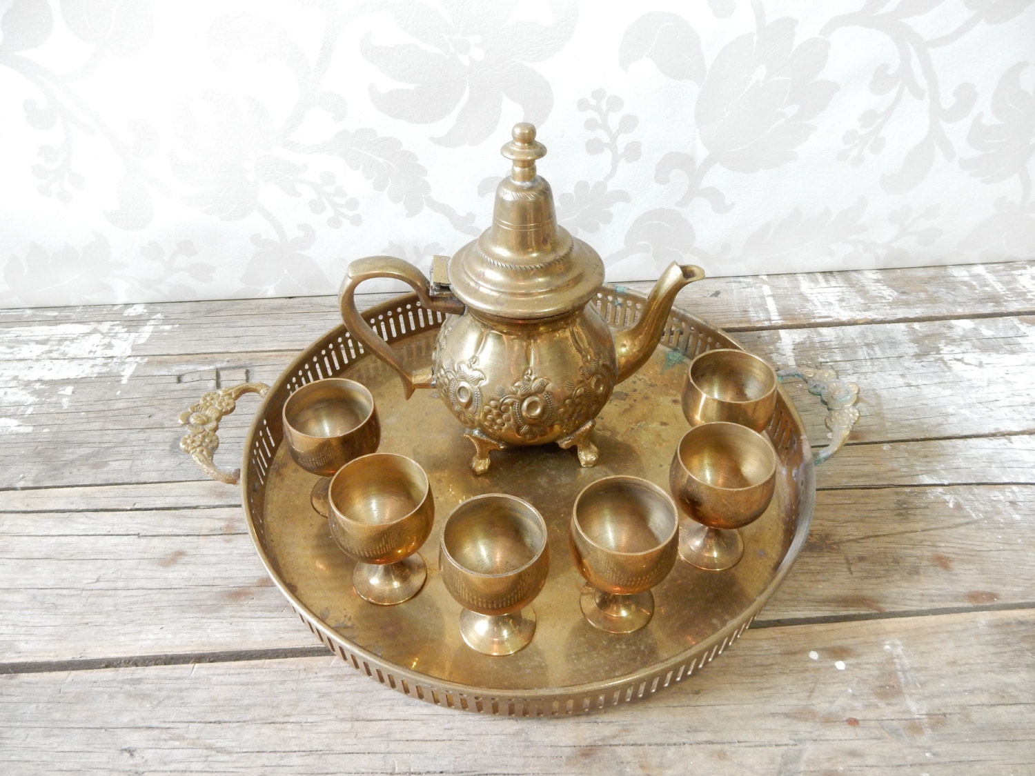 Turkish Teapot with Small Brass Cup set six cups and tray