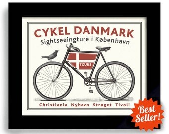 Danish Decor, Bicycle Art, Denmark Art, Copenhagen Bike Art, Cycling Art, Bicyclist Art, Bike Enthusiast, Danmark Flag Bike Rider