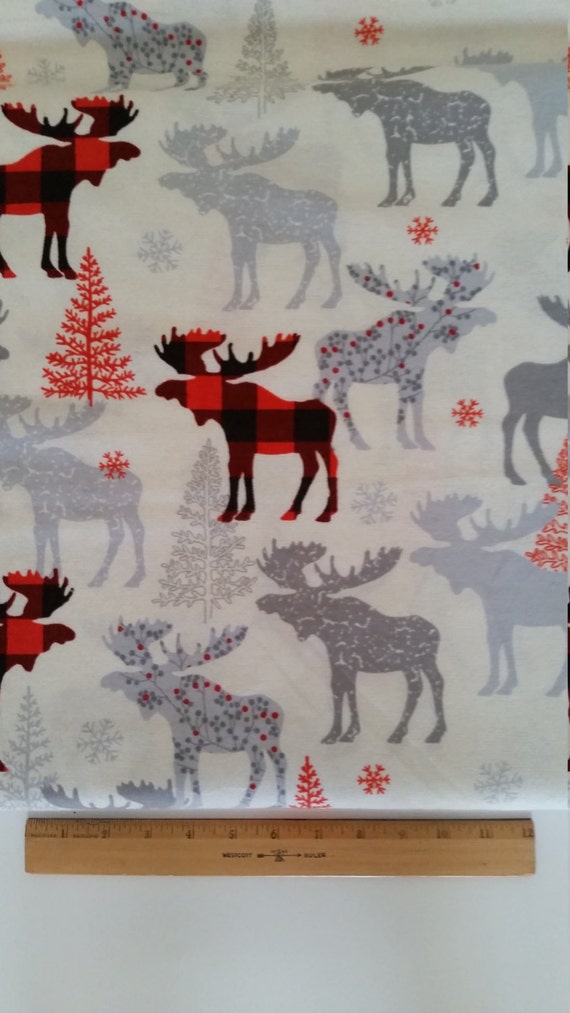 Cotton Flannel Fabric Moose print on White By the yard