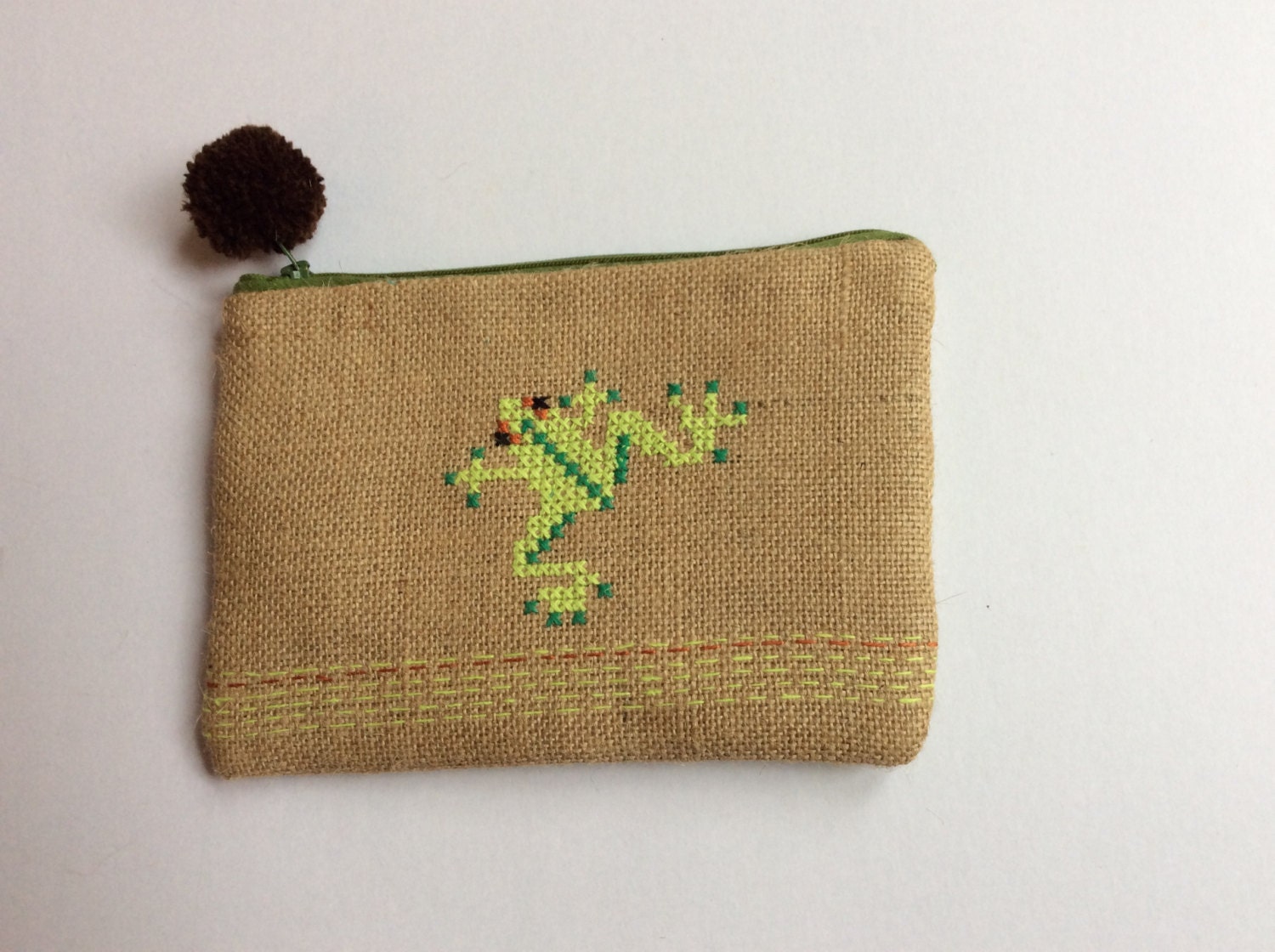 Green frog burlap pouch bag cross stitch embroidery
