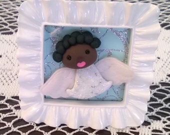 Black Singing Angel in a Frame Polymer Clay Ooak Figurine Decoration Gift White Christmas Home Decor African American