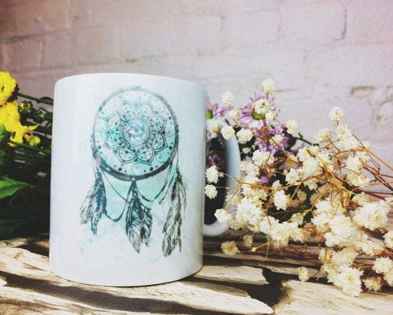 DREAMCATCHER MUG- Coffee Mug- Tea Cup- Dreamcatcher- Dreams- Design- Screen Print- Handmade- Spiritual- Chakras- Tea- Coffee- Printed Mug