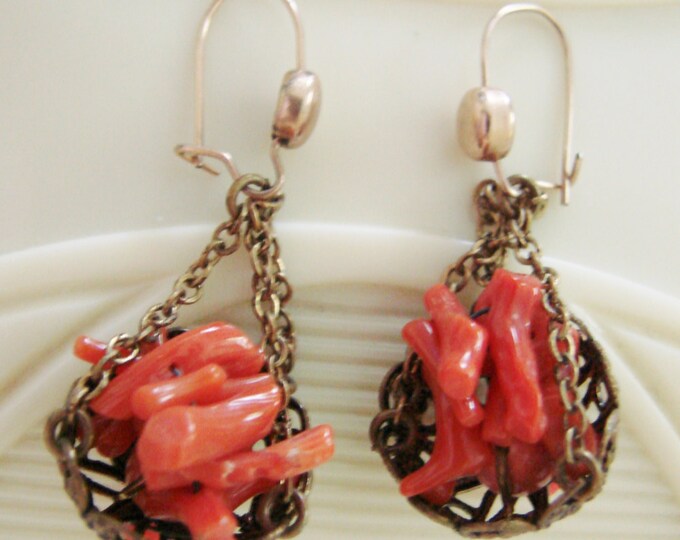 Antique Branch Coral Chandelier Drop Earrings / Filigree / Vintage Jewelry / Jewellery