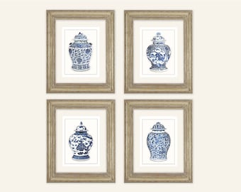 Set of 4 Blue & White Ginger Jar Fine Art Prints on Archival Watercolor Paper