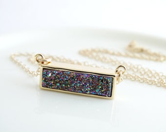 Rainbow Druzy bar necklace - Peacock Druzy Necklace Agate Necklace - Titanium Druzy Quartz Necklace,