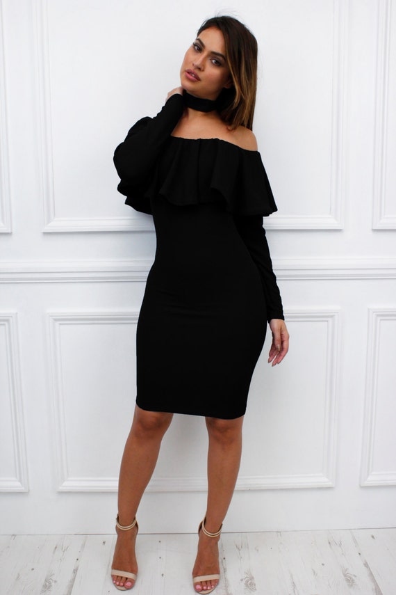 Womens Ladies "Essie" Black Off Shoulder Bardot Long Sleeve Frill Ruffle Midi Bodycon Dress