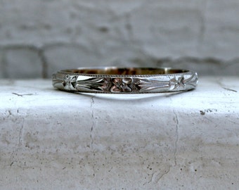 Antique Etched Engraved 14K White  Gold  Wedding  Band  by 