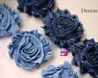 Singles, 1/2 Yard & 1 YARD Increment - DENIM - Shabby Rose Trim - Blue Denim Flowers - Frayed Flower - Light and Dark Blue Jean Roses