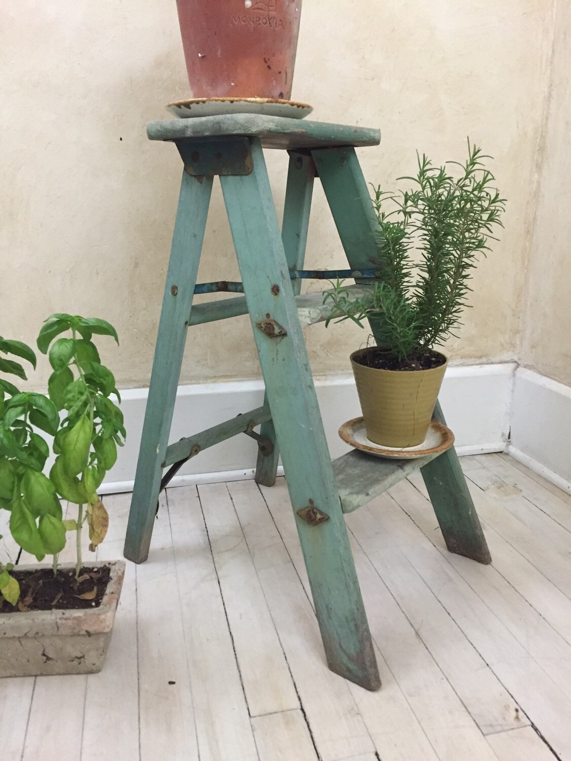 Vintage Wood Sage Green Shabby Ladder Garden Art Plant Stand Folding ...