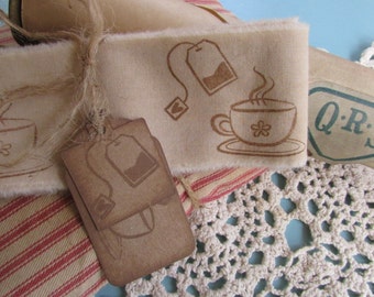 Tea Drinkers Hand Stamped Muslin Trim, Tea Cup and Tea, Stamped Muslin Trim, Vintage Inspired, Hand Dyed, Hand Frayed, Hand Stamped, Ribbon