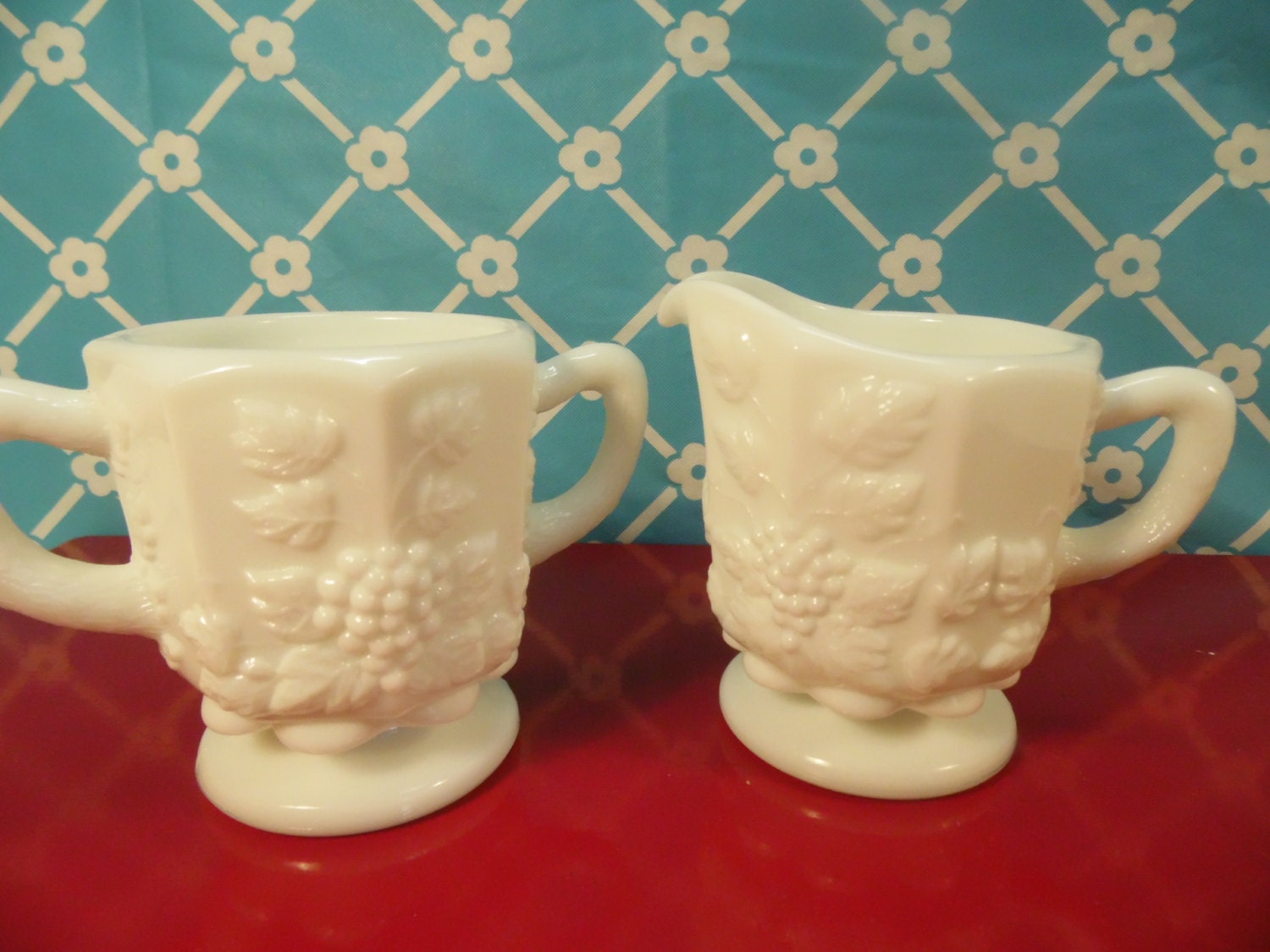 Vintage Westmoreland Sugar Creamer Milk Glass Grape Panel