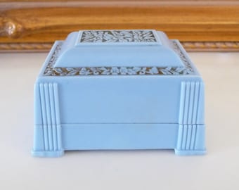 Art Deco Blue Celluloid Ring Box Vintage Ring Box Holder Carved Flowers from TreasuresOfGrace