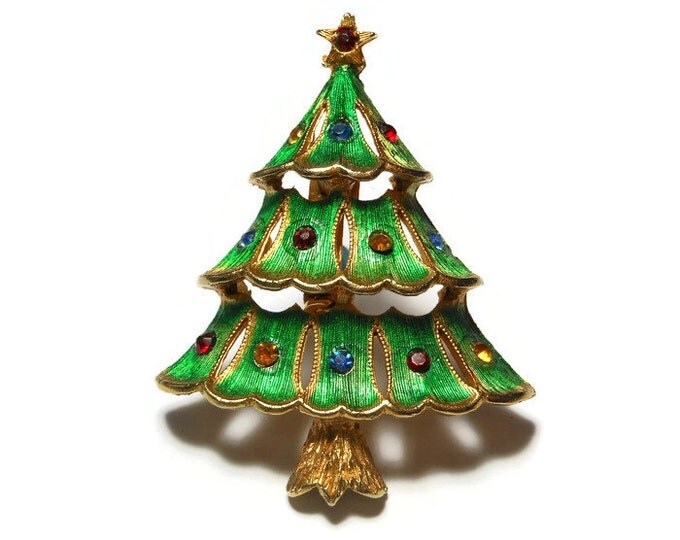 FREE SHIPPING J.J. Christmas Tree Brooch, book piece, 1950 1960's green enamel over gold tone, rhinestone ornaments, rhinestone star topper