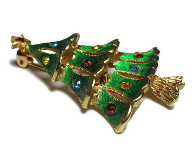 FREE SHIPPING J.J. Christmas Tree Brooch, book piece, 1950 1960's green enamel over gold tone, rhinestone ornaments, rhinestone star topper