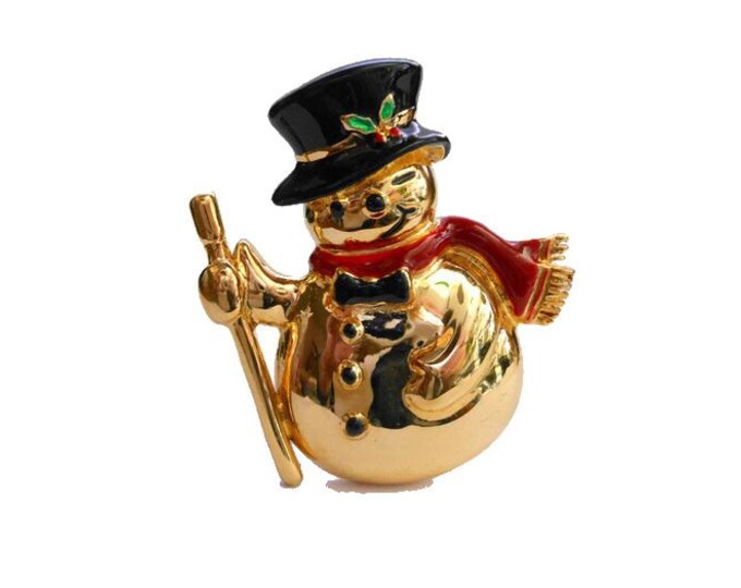 FREE SHIPPING Napier snowman brooch, gold tone winking snowman with enamel details, black top hat holly scarf bow tie, holiday Christmas pin