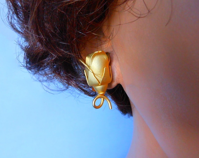 FREE SHIPPING Rosebud clip earrings, satin finish gold plated rose earrings