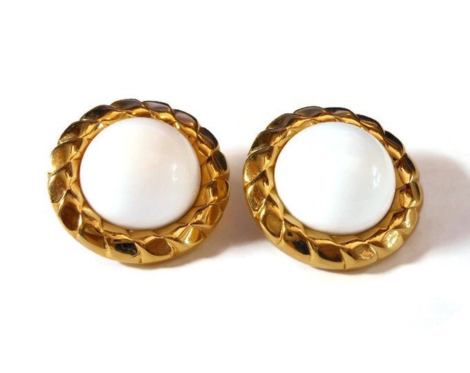 FREE SHIPPING Crown Trifari earrings, 1960s gold circle button earrings with white lucite cabochon center surrounded by gold rope like frame
