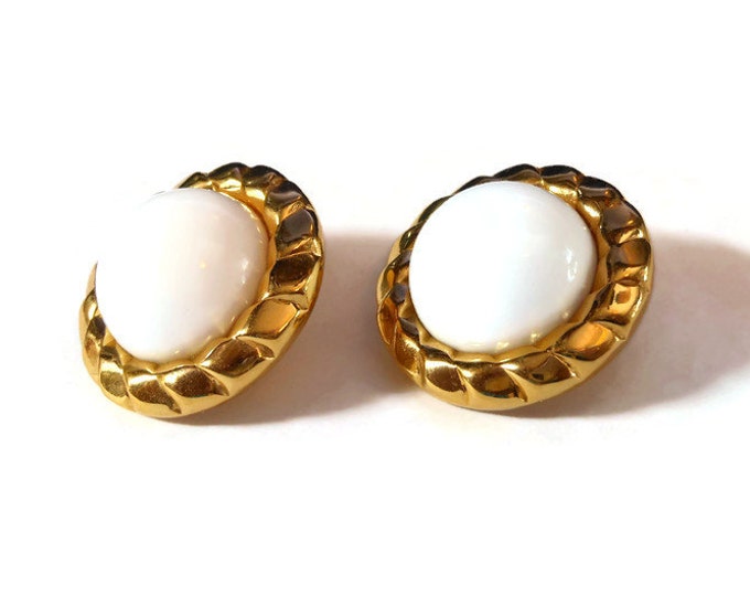 FREE SHIPPING Crown Trifari earrings, 1960s gold circle button earrings with white lucite cabochon center surrounded by gold rope like frame
