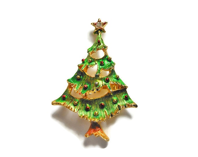 Christmas tree brooch, green enamel over gold plated tree with colored balls, holiday pin with rhinestone star topper