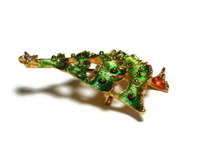 Christmas tree brooch, green enamel over gold plated tree with colored balls, holiday pin with rhinestone star topper