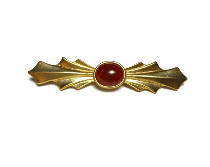 FREE SHIPPING Carnelian bar pin brooch, carnelian cabochon center with gold tone side flourishes, art deco revival