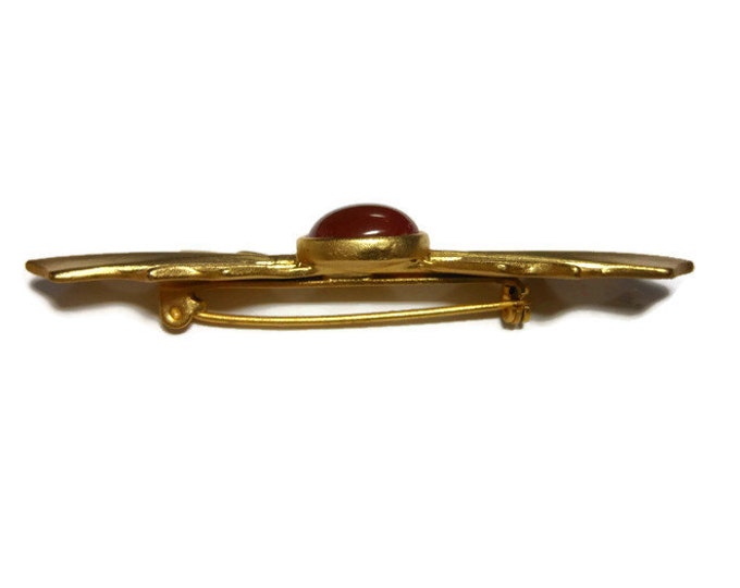 FREE SHIPPING Carnelian bar pin brooch, carnelian cabochon center with gold tone side flourishes, art deco revival