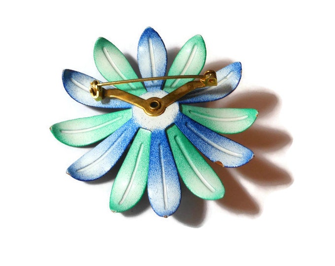 FREE SHIPPING 1960s flower brooch green and blue enamel daisy floral pin, green and dark blue petals with blue petals emerging from center