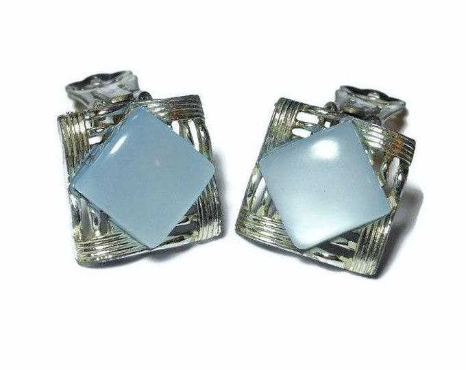 Coro moonglow earrings, 1940s blue grey moonglow lucite sqare clip-on in silver tone