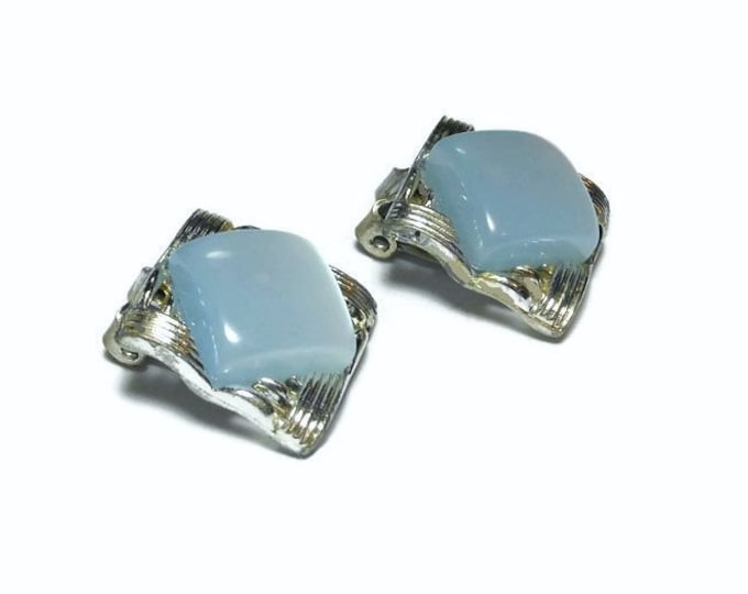 Coro moonglow earrings, 1940s blue grey moonglow lucite sqare clip-on in silver tone