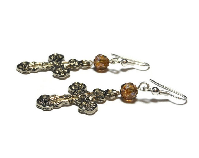 Orthodox Crucifix Earrings, handmade Russian Orthodox silver plated with golden topaz Czech cathedral glass cross pierced dangle earrings.