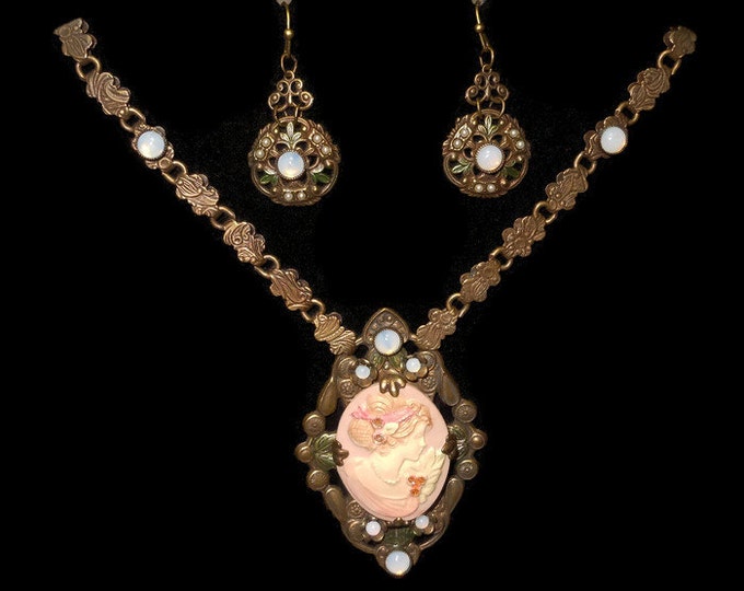 FREE SHIPPING Sweet Romance cameo necklace and earrings, beautiful carved Gibson girl pink, bronze chain and earrings, opaline glass beads