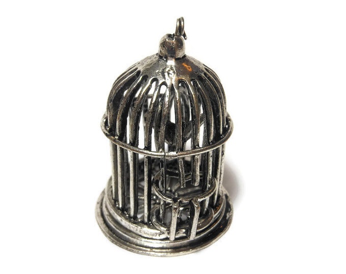 Large birdcage pendant, Blue Moon Beads®, antiqued silver-finished, 42x36mm birdcage focal, bird inside, door opens