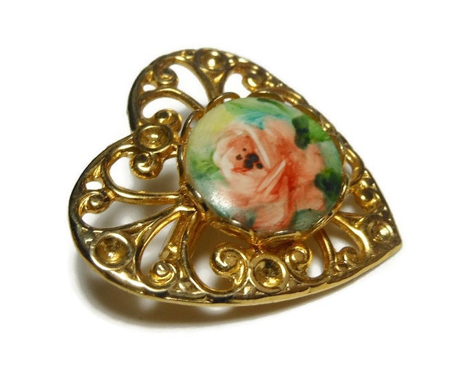 Heart brooch, gold filigree heart with inset hand painted cabochon of a pink orange rose, small sweet pin, lapel pin, flower floral brooch