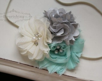 Mint, Ivory and Silver headband, mint flower headbands, ivory headbands, baby headbands, newborn headbands, photography prop