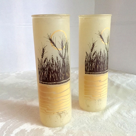 Vintage Glass Wheat Chimney Candle Holders / Frosted Brown