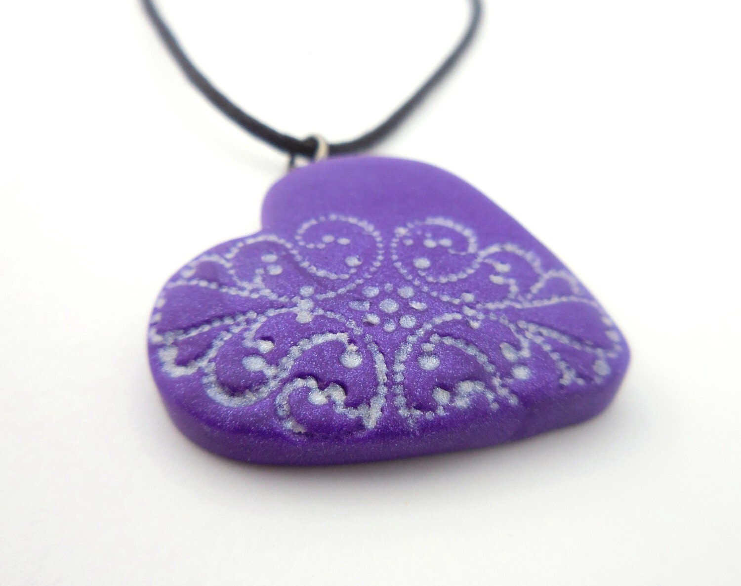 Heart Necklace Purple Lace Polymer Clay Jewelry Heart