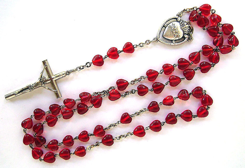 Vintage Red Rosary Bead Glass Heart Shape Beads Silver Tone