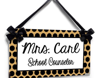personalized graduation gift school counselor classroom door sign - "gold" and black polka dots - simple and elegant - P617