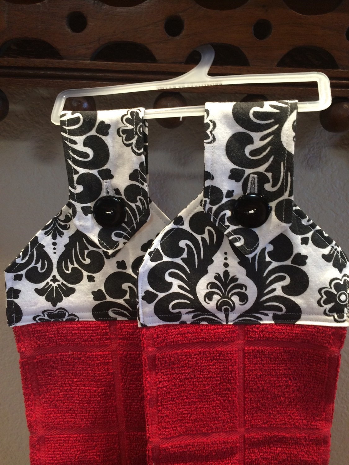  Black  Damask and Red  Towels  Kitchen or Bath 2