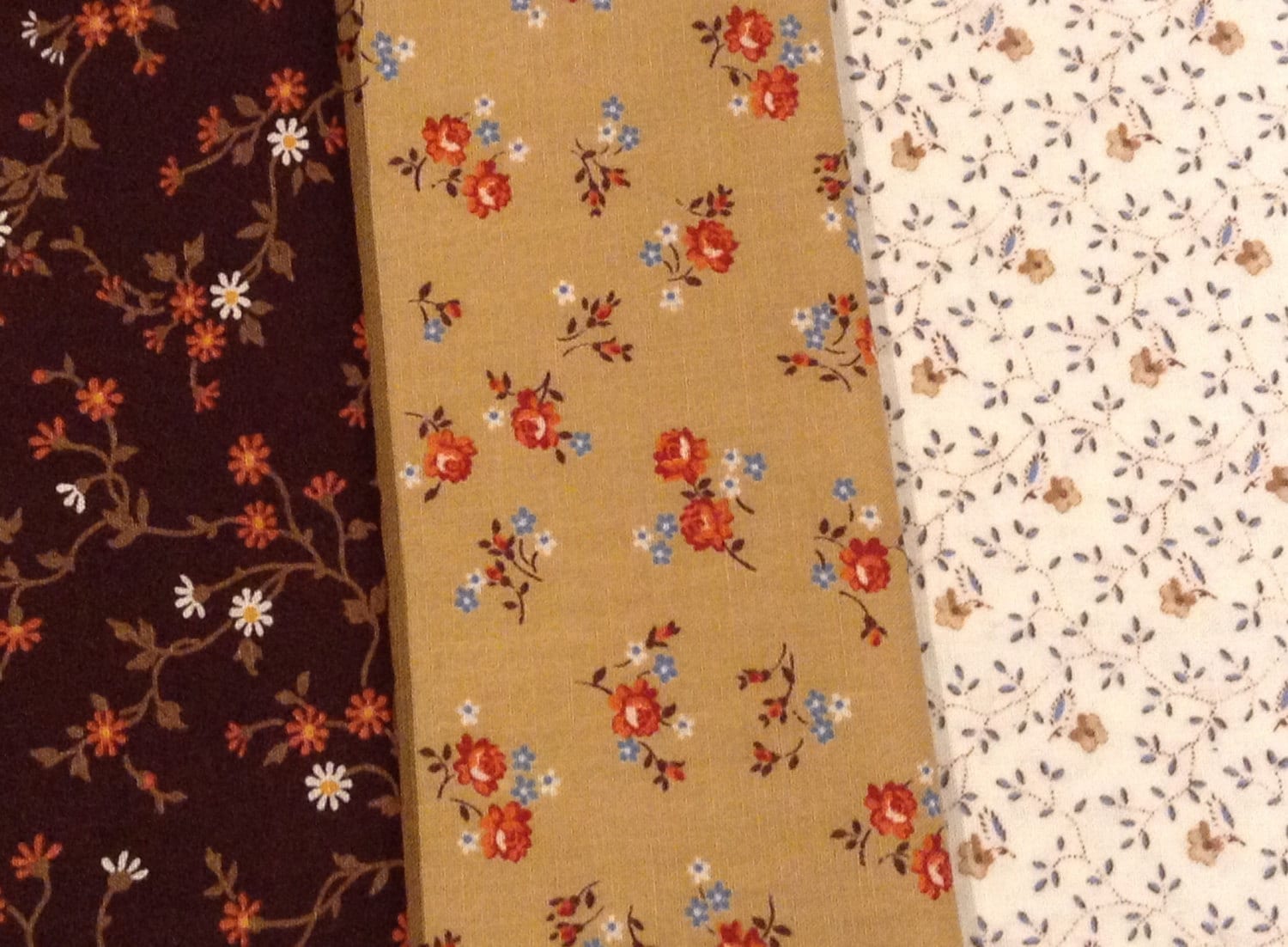 Vintage Calico fabric bundle of three fabrics Brown, 3.3 yards total