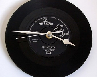 The BEATLES Vinyl Record CLOCK, "She Loves You", made from a recycled 7" record, Other Beatles songs also available....