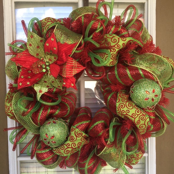 Items similar to Poinsettia Red and Lime Mesh Door Wreath on Etsy