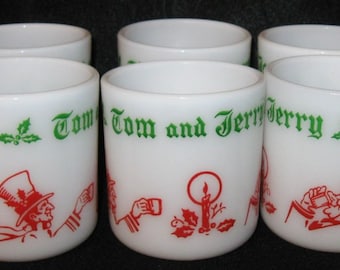 Vintage 6 mug Set Tom & Jerry Hazel Atlas Christmas Mugs Egg Nog Milk Glass
