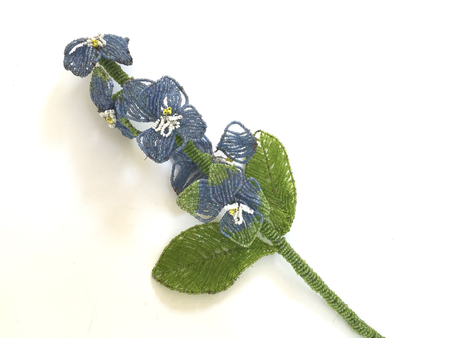 GLASS BEADED FLOWERS Vintage Long Stems Green Blue