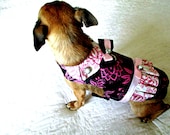 Dress Harness for Small Dog Custom Fit, Victorian-Style Rose Pink, Black & White Cotton Floral Print with Notched Collar Yorkie Chihuahua