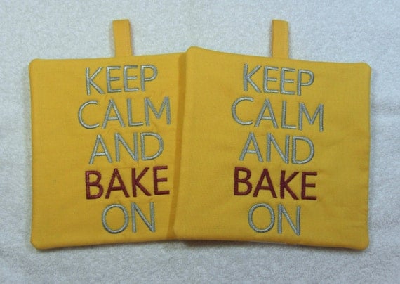 Keep Calm and Bake On Embroidered Pot Holder Quilted Embroidered Hot Pad Set of 2 - Hot Pad/Pot Holders Trivet Ready to Ship