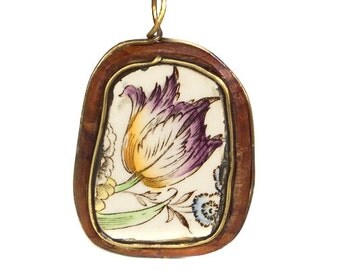 Vintage Porcelain Pendant Wood and Brass with Flower Pattern