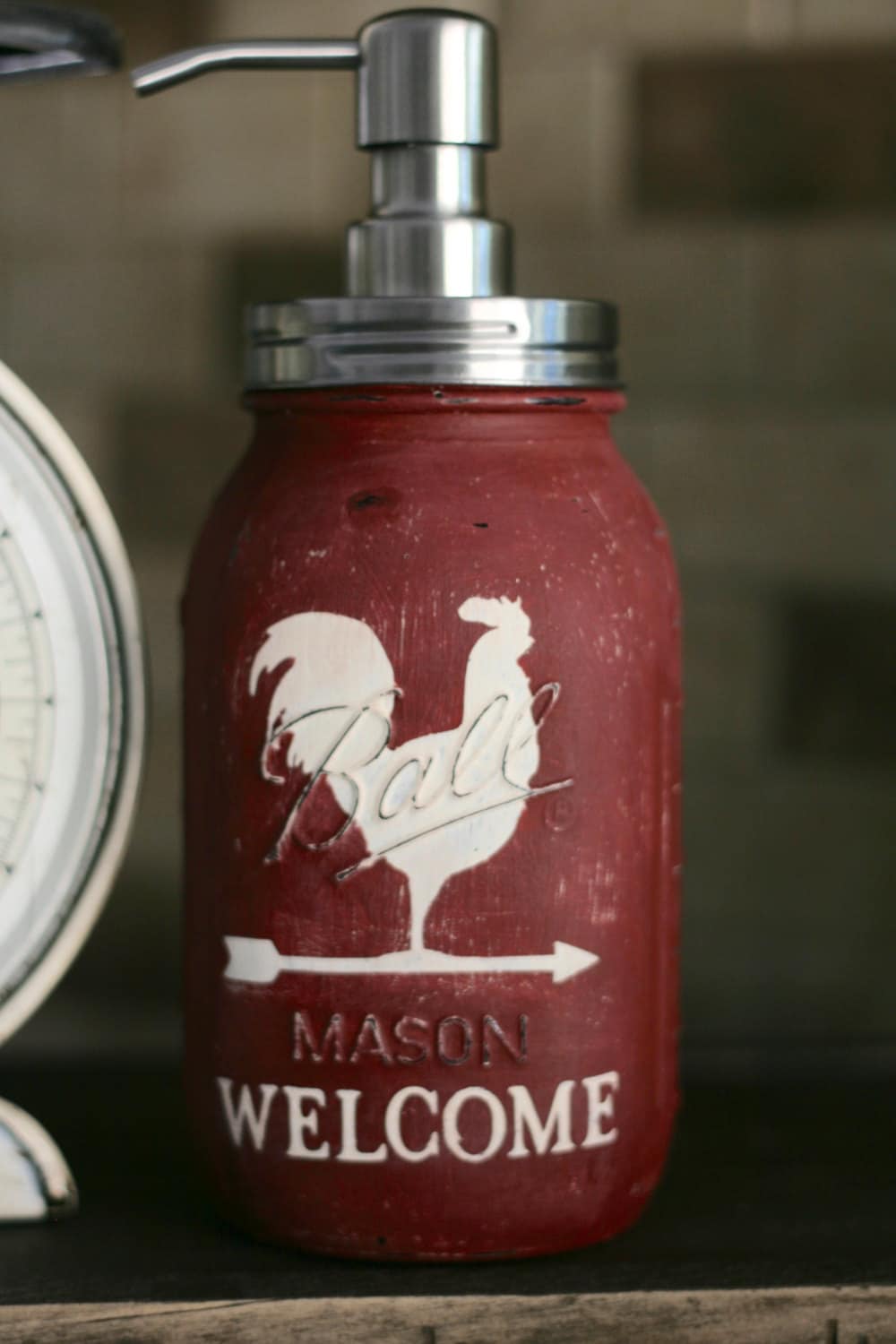Rustic Farmhouse Rooster Soap Dispenser in Deep Red.