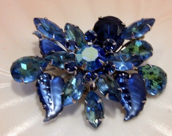 Blue Green Prong Set Rhinestone Brooch